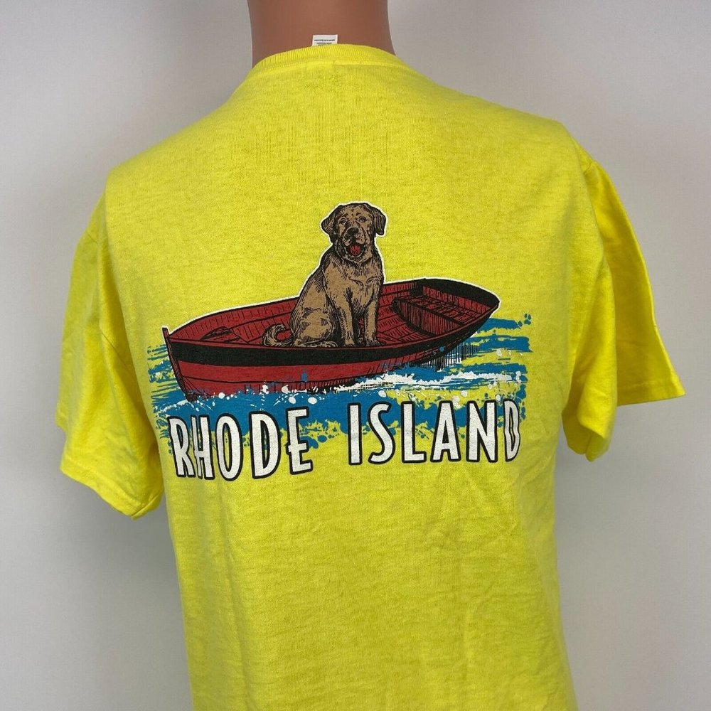 Rhode Island Dog On Wooden Boat Double Sided T Shirt Yellow Size M - Picture 1 of 4